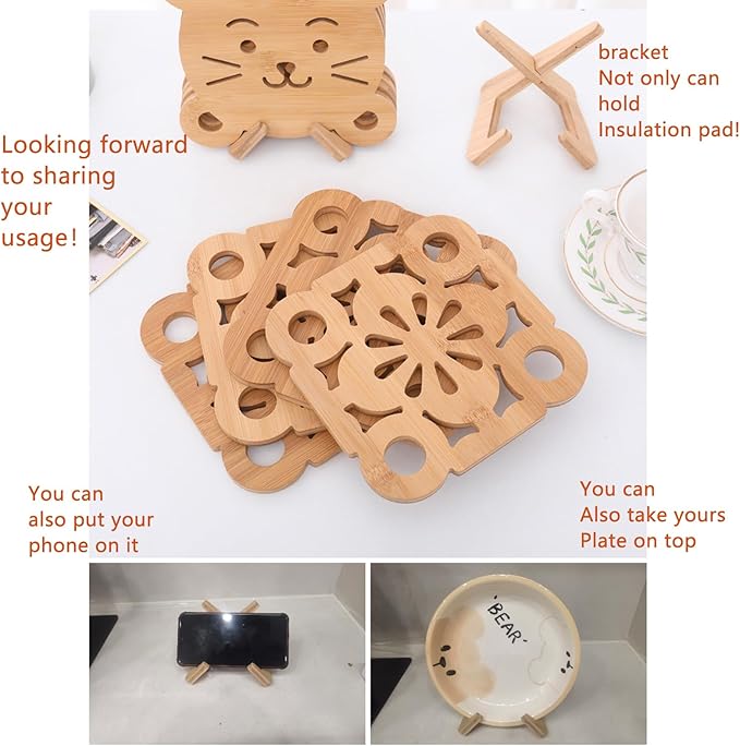 7.4x7.4 Inch Bamboo Trivets for Hot Pots & Coffee Mugs - 3-Layer Heat Resistant Wooden Coasters with Non-Slip Feet, 4-Pack + Holder (Wildlife)