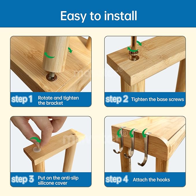 Over The Stove Top Shelf for Kitchen Bamboo Spice Rack Organizer for Back of Stove with Protective Lips & 6 Hooks,Easy Installation 33.5 * 4.5 * 13.4”