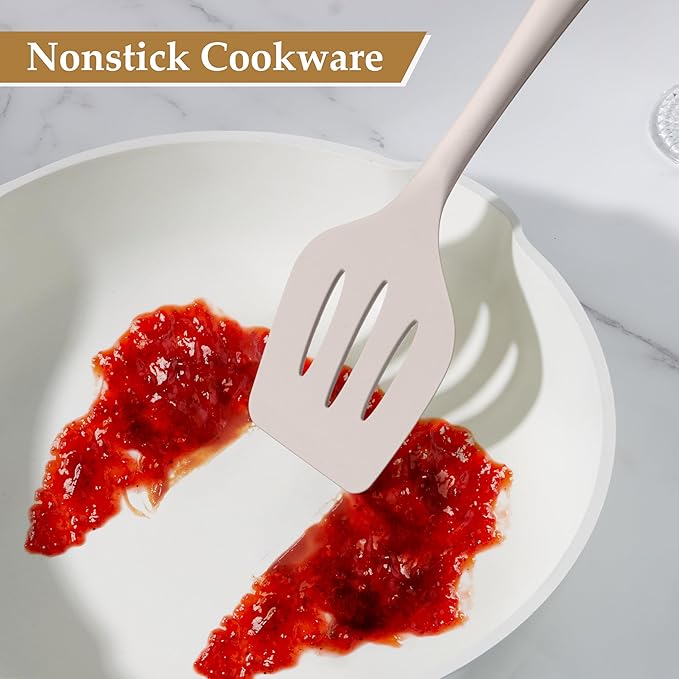 LIANYU 4Pcs Kitchen Utensils Set, Food-Grade Silicone Cooking Utensils, Farmhouse Kitchen Tools for Nonstick Cookware, Include Spoon, Turner, Pasta Server, Heat Resistant, Dishwasher Safe, Khaki