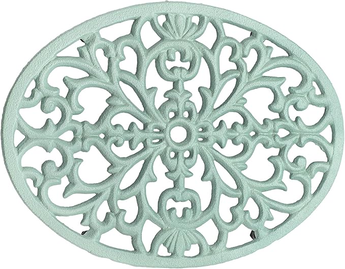 Sumnacon 1Pcs Oval Cast Iron Trivet - Antique Heat Resistant Metal Trivet for Hot Dish Pot Pan Teapot, Vintage Well Made Hot Plate Pad for Kitchen Dining Countertop Table,Green