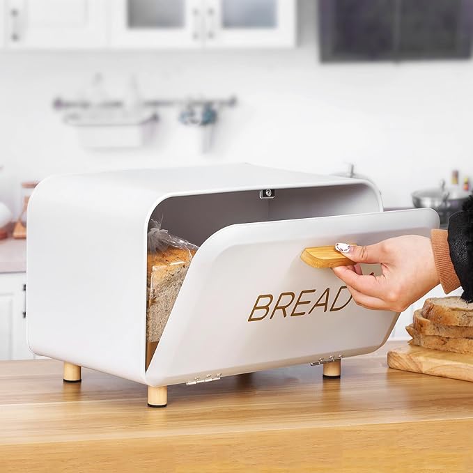 White Bread Box for Kitchen Countertop - Large Capacity Bread Storage Container Farmhouse Bread Box - Stylish Metal Bread Keeper