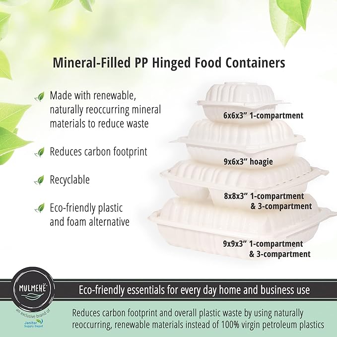 MULMEHË Mineral Filled Polypropylene Plastic Hinged Take Out Food Containers, 8x8x3, Vented Single Compartment, Natural White, 200 per Case