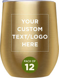 Custom Stemless Wine Glass Tumblers with Lids by Largo 11 oz. Set of 12, Personalized Bulk Pack - Perfect for Wine, Cocktails, Other Hot & Cold Beverages - Gold