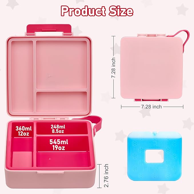 Chill Bento Lunch Box for Kids Adult with Ice Pack,Leak Proof 3 Compartments Lunch Container for Kids,Ice Pack Detachable Bento Box,BPA Free,Dishwasher & Microwave Safe-Pink