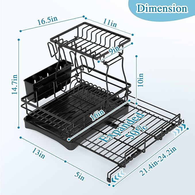 2 Tier Dish Drying Rack, Large Extendable Dish Racks for Kitchen Counter or Over Sink, Dishrack with Drainboard, 2-in-1 Anti-Rust Stainless Steel Dish Drainer with Utensil Holder & Cup Holder (Black)