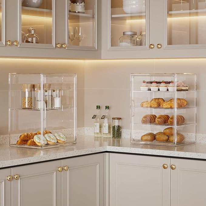 4-Tier Pastry Display Case,Large Bread Box for Kitchen Countertop, Adjustable Bread Storage Container, Bakery Display for Bread, Cookies, and Donuts, Size 15.5 * 11.4 * 9.8 Inch
