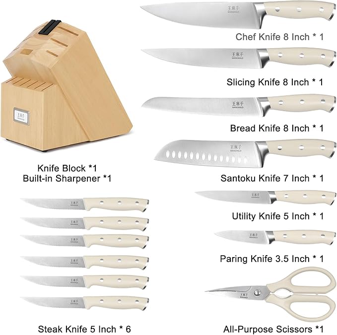 Premium Knife Set,High Carbon Stainless Steel Forged,Sharp Knives Set for Kitchen,Triple-rivet Ergonomic Handle,Hundreds of Years of Masterful Craftsmanship(Ivory,15PCS)