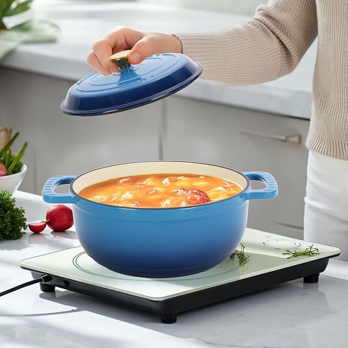 ROVSUN 5 Quart Enameled Cast Iron Dutch Oven with Lid, Dual Handles, Oven Safe up to 500°F or on Stovetop, Compatible for Braising, Stews, Roasting, Bread Baking-Blue