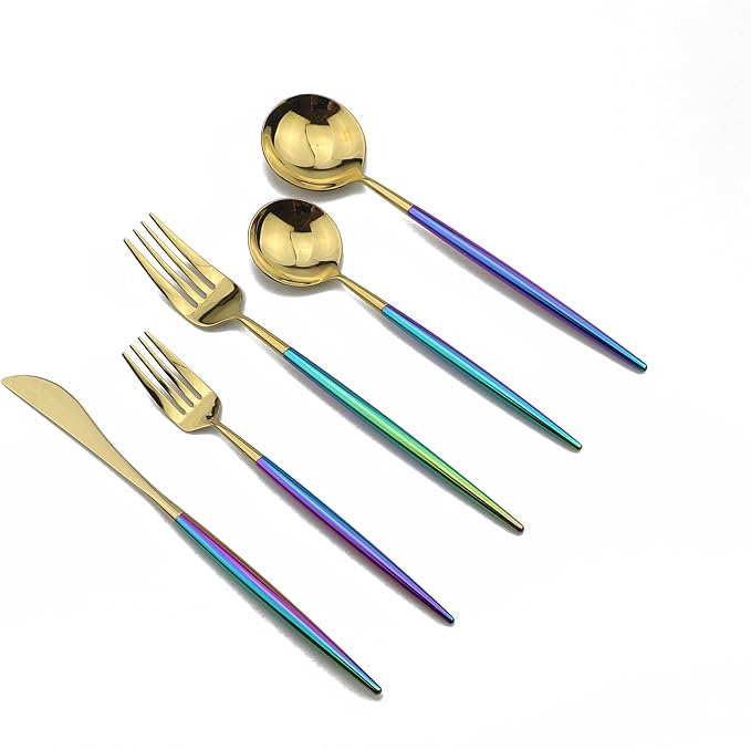 20-Piece Coloful Rainbow Handle Gold Flatware Set, Mirror 18/10 Stainless Steel, Service for 4