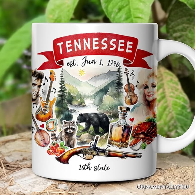 OrnamentallyYou State Travel Landmark Mugs – 12 oz Ceramic Coffee Cups, U.S. Souvenir Gift for Tourists (Artistic Tennessee State Themes and Landmarks Mug)