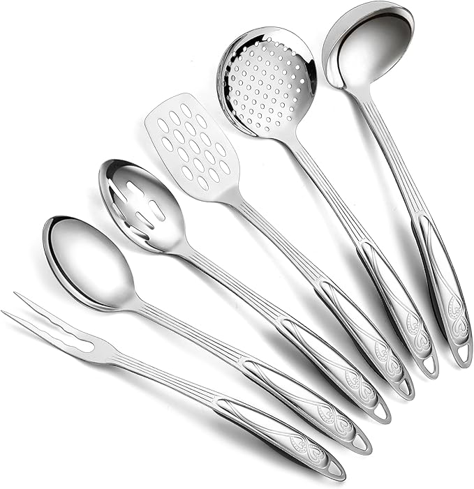Berglander Stainless Steel Kitchen Utensils Set 6 Pcs, Cooking Utensil Sets, Kitchen Gadgets Essentials Include Metal Spatula Set, Skimmer, Ladle, Serving Spoon, Slotted Spoon, Carving Fork