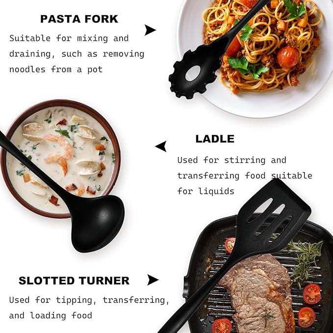 Silicone Kitchen Utensils Set - 15 Pieces Non Toxic Silicone Utensils Set For Cooking，428°F Heat Resistant Food Grade Kitchen Tools，Dishwasher Safe (Black, 15 Piece Set)