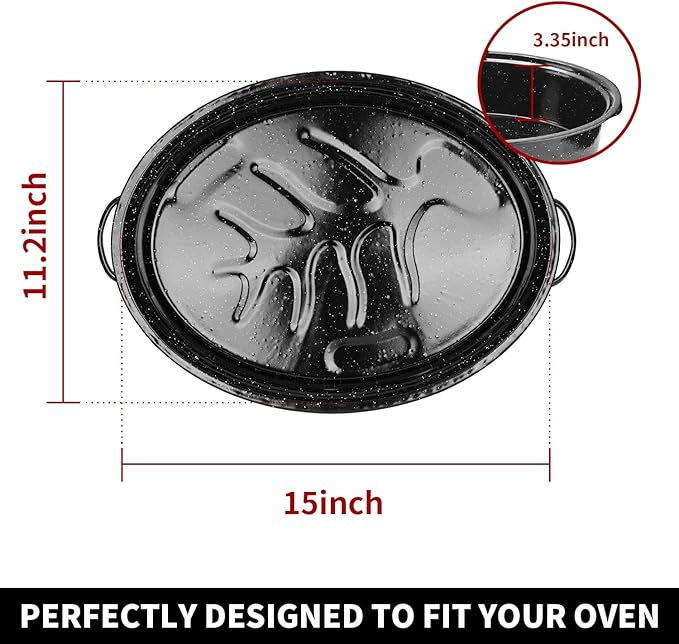 18Inch Roasting Pan, Enamel on Steel, Black Covered Oval Roaster Pan with Lid, Large Cookware for Turkey, Small Chicken, Roast Baking Pan.