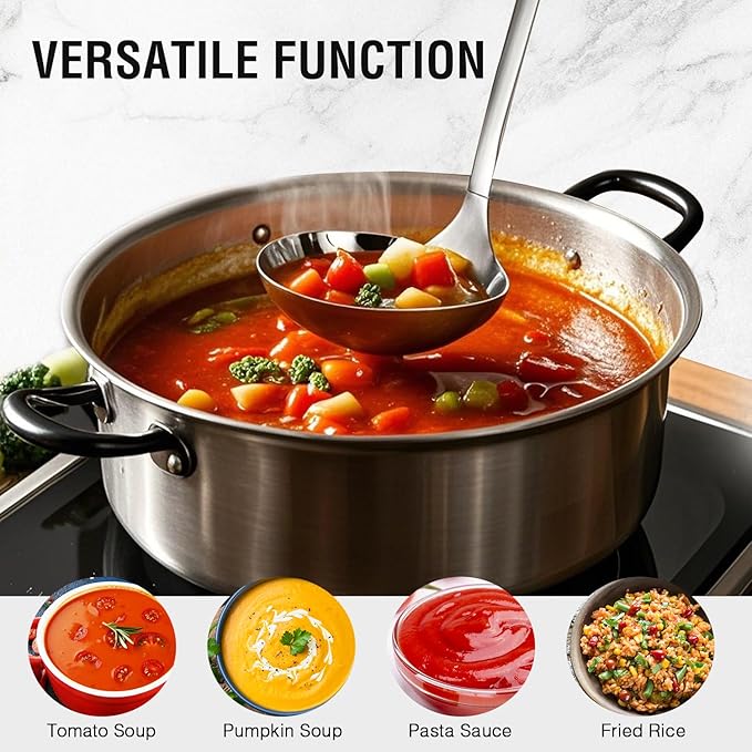 Cooking Spoon 12.2 Inches Kitchen Stainless Steel Round Ladle, Heavy-Duty, Heat Resistance, Rust-Resistant Kitchen Ergonomic Handle for Chefs Serving Soups, Stews