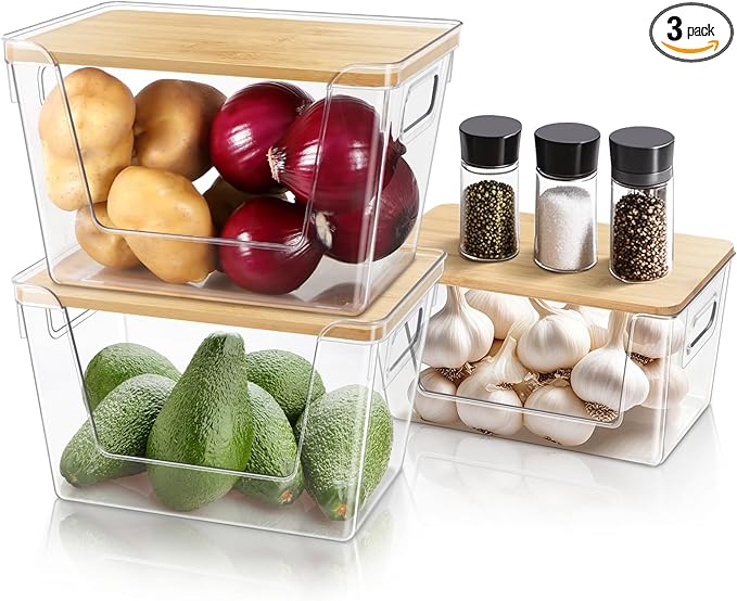 Pantry Organizers and Storage, Stackable Plastic Pantry Organizer with Lid & Handle for Kitchen Counter, Fridge for Fruit, Potato, Onion, Vegetable, 3 Set (Clear - 2 Large Bin & 1 Medium Bin)