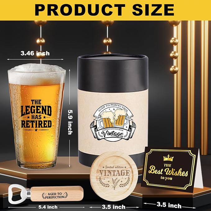Retirement Gift for Women Men 2025 Coworker Leaving Gifts Happy Retired Gift Vintage Beer Drinking Glass Beer Lovers Farewell Goodbye Present for Women Men Father's Day