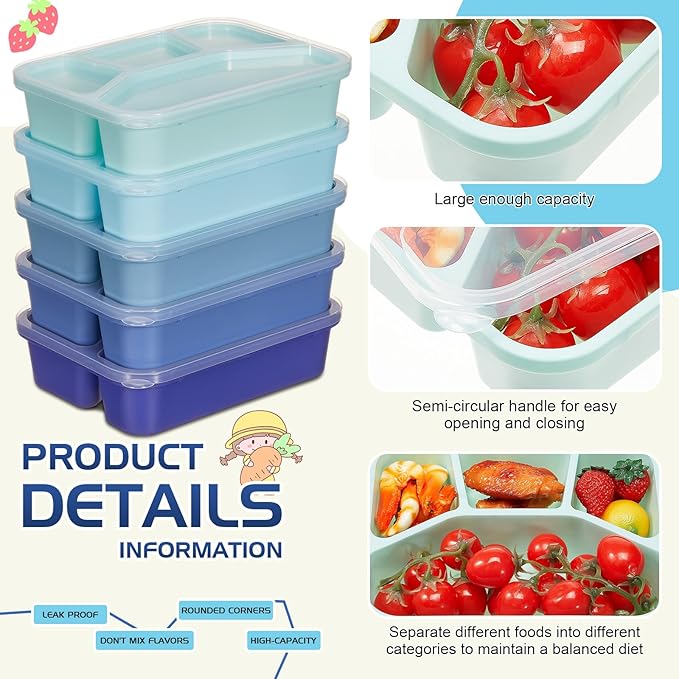 Honeydak 5 Pack Snack Containers 4 Compartment Bento Snack Boxes Reusable Lunchable Containers with Lids Divided Meal Prep Lunch Food Storage Box for School Work Travel(Blue Ombre,Mixed)