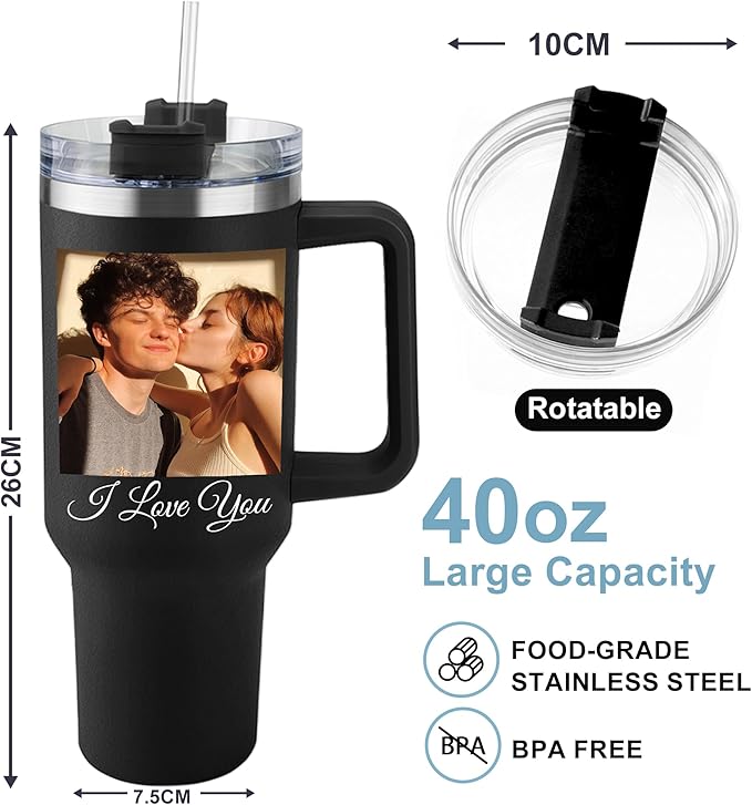ThermoThrill Ships Next Day, Personalized 40 Oz Tumbler with Handle and Straw Custom Tumbler with Text Stainless Steel Mug Birthday Gifts for Women