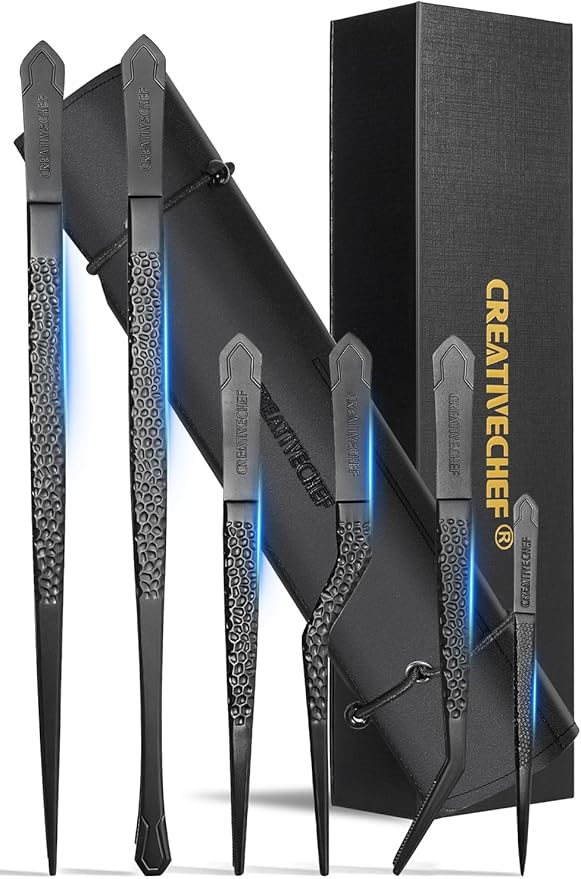 CREATIVECHEF Professional Kitchen Tongs Set - 10-inch Straight and 6.5-inch Offset Food tweezers with 4.5-inch Mini cooking tweezer，High-Hardness Titanium Chef's Tongs for Food Plating，Garnishing