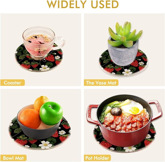 Strawberries Flowers Kitchen Trivets Pot Holders Set of 2, Trivets for Hot Pots Dishes Woven Trivet Coaster Pad Mat for Counter