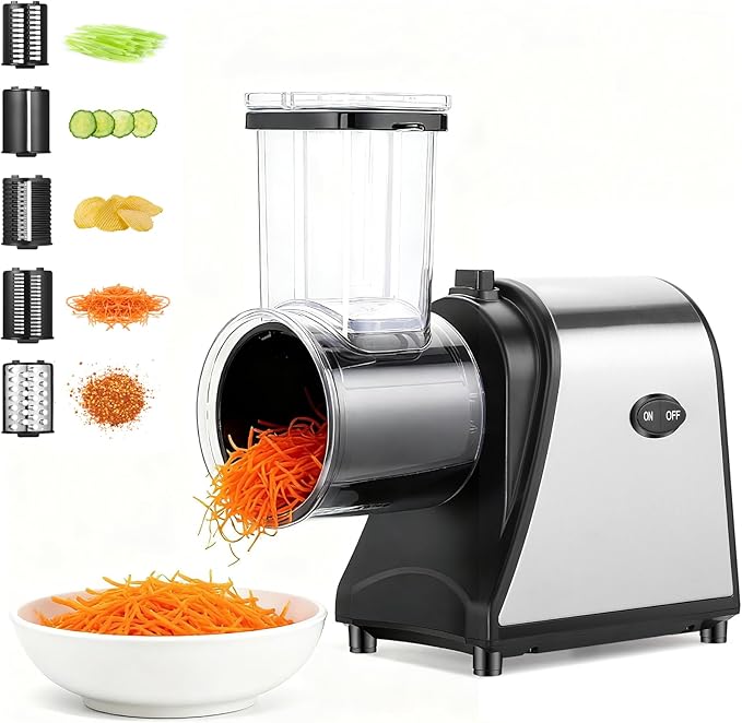 Electric Cheese Grater 250W Vegetable Slicer with 5 Different Shapes of Blades for Shredding/Slicing/Grating, Compact Automatic Cheese Shredder for Block Cheese, Carrots, Fruit, Nuts