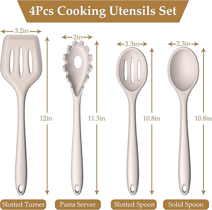LIANYU 4Pcs Kitchen Utensils Set, Food-Grade Silicone Cooking Utensils, Farmhouse Kitchen Tools for Nonstick Cookware, Include Spoon, Turner, Pasta Server, Heat Resistant, Dishwasher Safe, Khaki