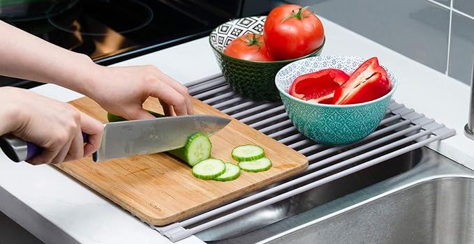 Surpahs Roll-Up Dish Drying Rack, Warm Gray, 17.5" x 13.1", Fits Sinks up to 16.5" Wide, Silicone-Coated Stainless Steel