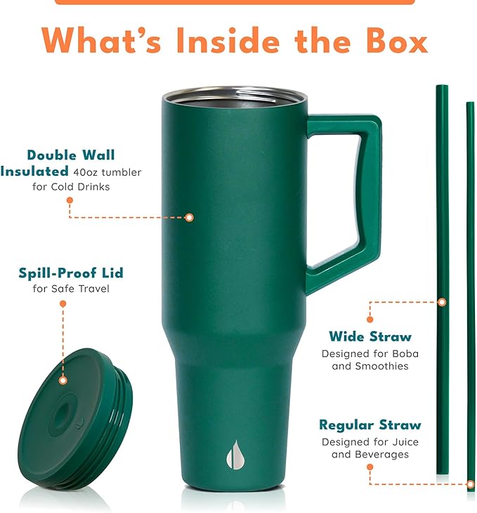 Elemental 40 oz Tumbler with Handle and Straw - Spill Proof Insulated Stainless Steel Commuter for Hot and Cold Beverages - Travel Coffee Mug with 2 Straws & Spill Proof Lid - 40oz - Forest Green