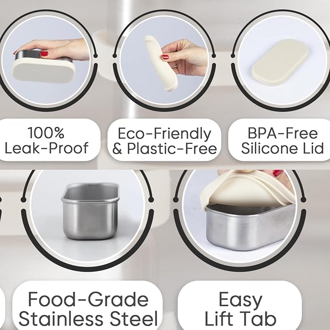 Flexibento - Leak proof Stainless Steel Lunch Box | Sandwich, Snack Pack Lunch Containers with Silicone Lids | Steel Bento Box |Metal lunch Box|1*25 OZ+ 2*13 OZ + 2 *2 OZ| Set Of 5 |Vanilla