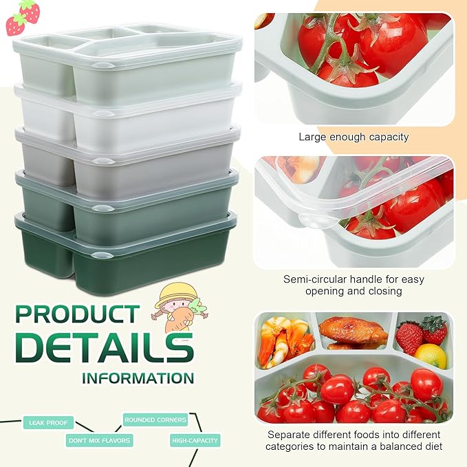 Honeydak 5 Pack Snack Containers 4 Compartment Bento Snack Boxes Reusable Lunchable Containers with Lids Divided Meal Prep Lunch Food Storage Box for School Work Travel(Sage,Mixed)