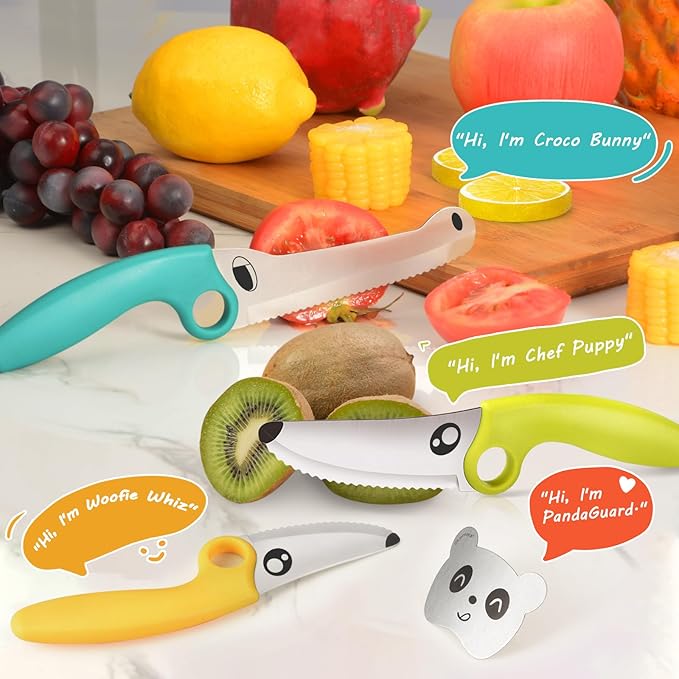 Kids Knife Set for Real Cooking with Educational Ring & Panda Finger Guard for Boys & Girls Cutting, Kids Chef Knife Stainless Steel Blade for Kitchen Cutting-Cool-toned