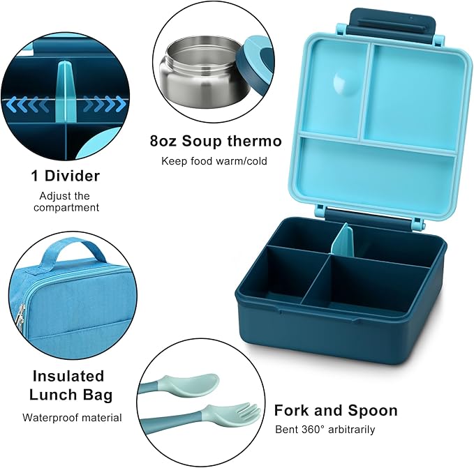 Itslife Bento Lunch Box for Kids with 8oz Soup Thermo&Lunch Bag, Leak-Proof Lunch Food Containers with 4 Compartment, Hot Food Insulated Food Jar for Kids School (Blue)