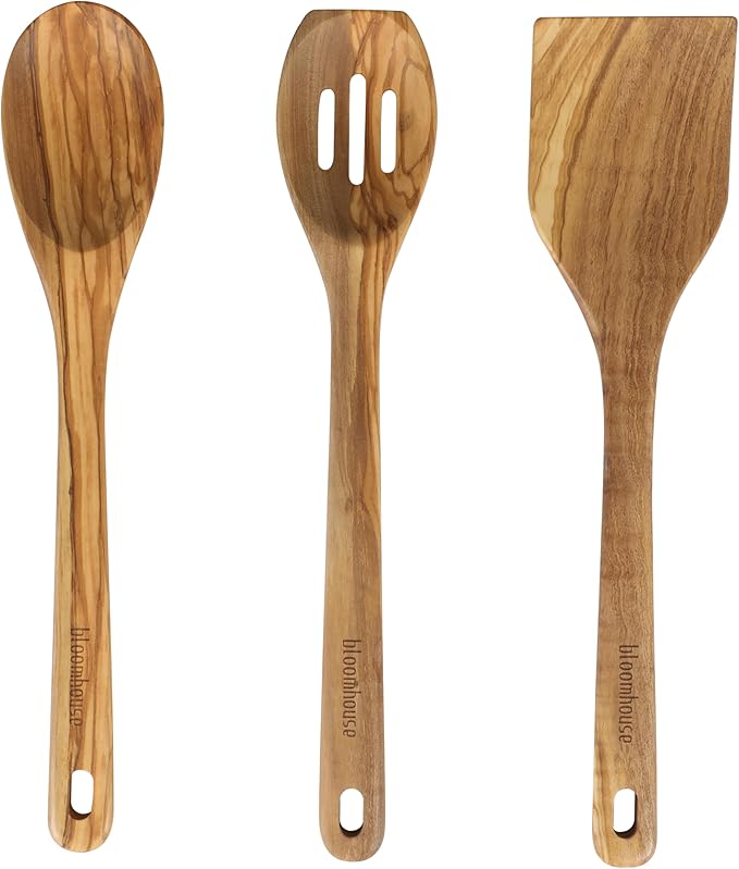 Bloomhouse Italian Olive Wood 3-Piece Kitchen Utensil Set – Extra-Large 14-Inch Turner, Spoon & Slotted Spoon, Durable Wooden Cooking Tools