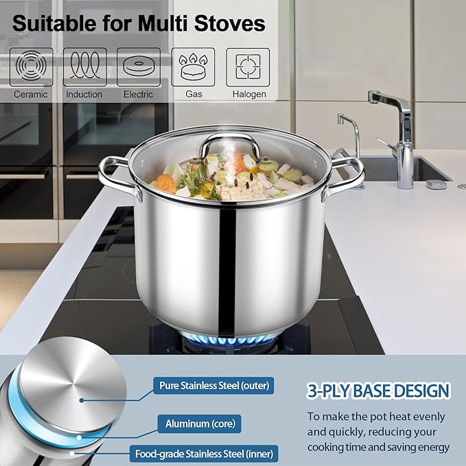 P&P CHEF 16 QT Stock Pot with Lid, Stainless Steel Large Cooking Pot, Soup Canning Stockpot for Stewing Simmering, Tri-ply Bottom for All Stoves, Heavy-Duty &Dishwasher Safe & Food-Grade
