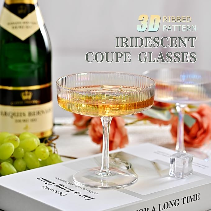 CUKBLESS Iridescent Martini Glasses Set of 6, Champagne Coupe Glasses, Hand Blown Vintage Ribbed, Cocktail for Margarita, Whiskey, Dessert, 7 oz