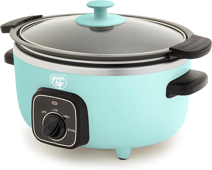 GreenLife 3.5QT Slow Cooker, PFAS-Free Non-Toxic Ceramic Nonstick Removable Interior Bowl, Programmable, Keep Warm, Stovetop & Oven Safe, Dishwasher Safe Crock, Glass Lid, Turquoise