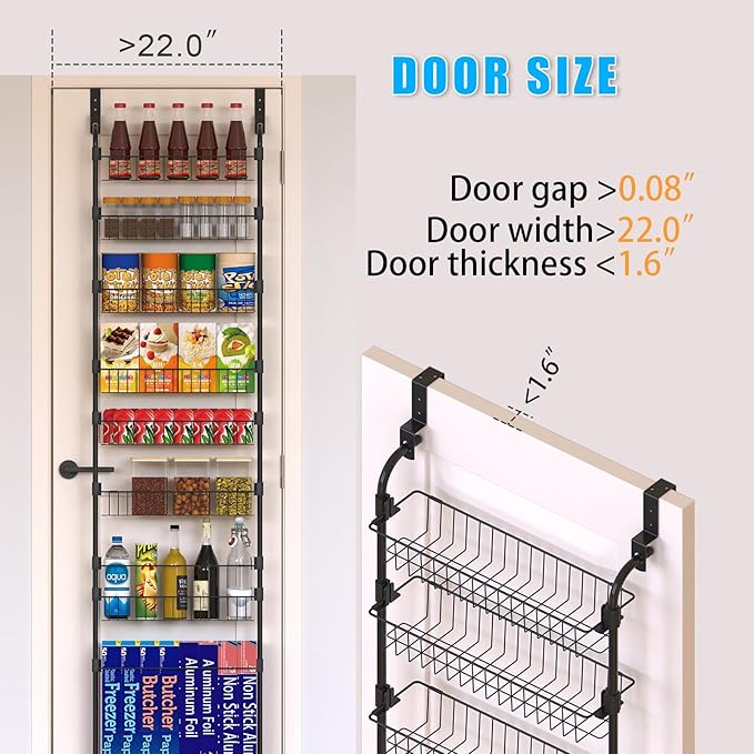 Black Over the Door Pantry Organizer 8 Tier, Adjustable Basket Pantry Door Organizer and Storage, Heavy Duty Metal Kitchen Hanging Spice Rack (D5xW19xH50 Inches)