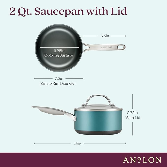 Anolon Achieve Hard Anodized Nonstick Sauce Pan with Lid, 2 Quart, Teal