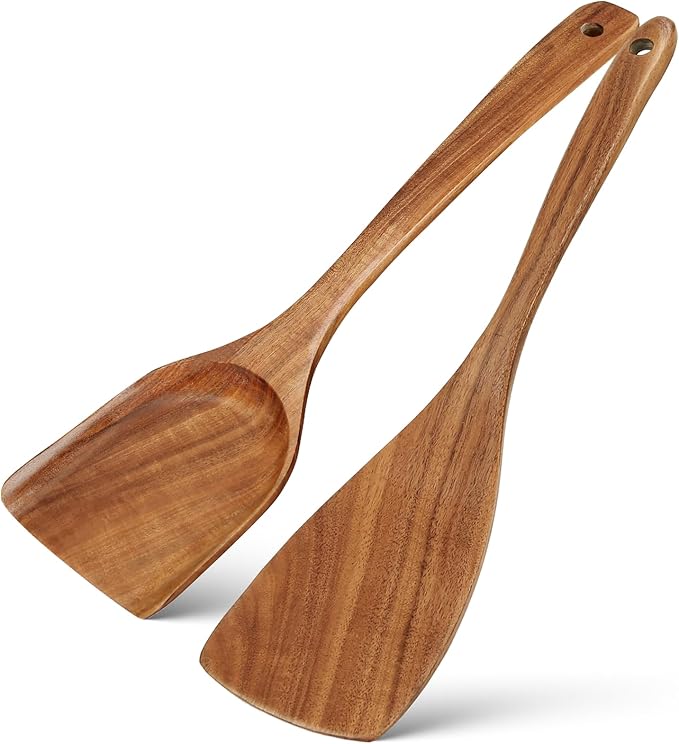Handcrafted Teak Wood Spatula Set, 2Pcs Wooden Spatulas for Cooking with Long Handles, Perfect for Stir-frying and Flipping Eggs, Kitchen Utensils Set for Cooking Lover