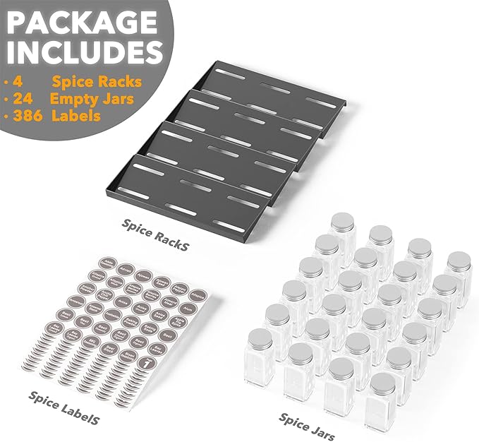 SpaceAid Spice Drawer Organizer with 24 Spice Jars, 386 Spice Labels, 4 Tier Seasoning Rack Tray Insert for Kitchen Drawers, 11.25" Wide x 17.5" Deep