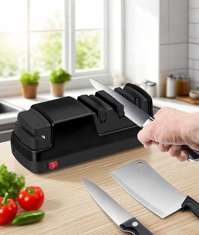 Professional Electric Knife Sharpener – Precision Sharpening for Kitchen Knives, Scissors & More – Diamond Abrasives & 3-Stage System (Black)