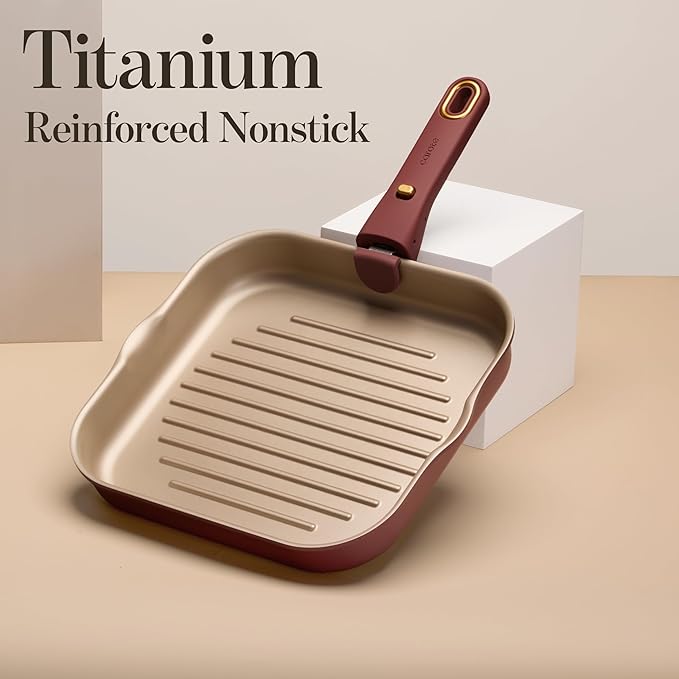 CAROTE 10 Inch Titanium Reinforced Nonstick Grill Pans for Steak, Non-Stick Grill Pans Sets with Detachable Handle, PFOS, PFOA Free, Gas & Induction Safe, All Stovetops Compatible, Burgundy