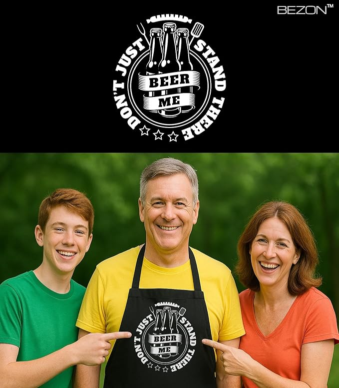 BEZON Funny Grill Apron for Men – Beer Can Gift Packaging – Hilarious BBQ Gift for Dad, Husband, or Friend – Heavy-Duty Water-Resistant Canvas – Don’t Just Stand There! Beer Me!