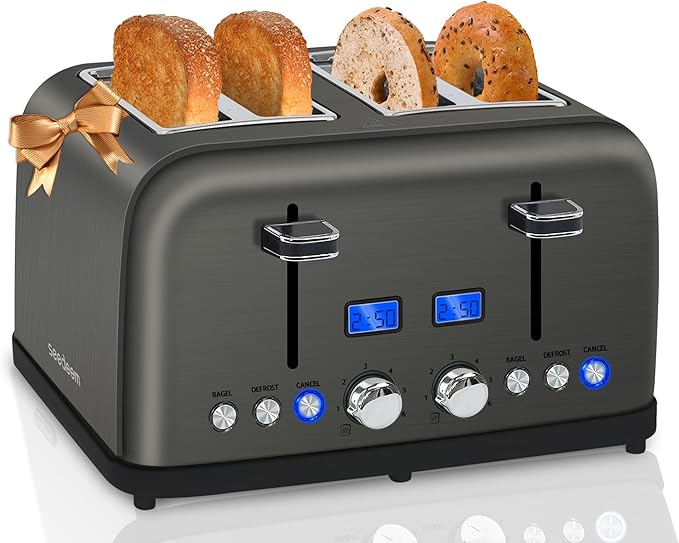 SEEDEEM Toaster 4 Slice, LCD Display, 6 Shade Settings, 1.5'' Wide Slots, Digital Stainless Toaster for Bagel, Defrost, Reheat, Dual Control, Removable Crumb Tray, 1500W, Dark Metallic