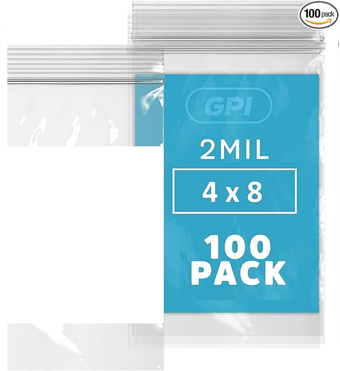100 Count, 4" x 8" Zip Bags, 2 Mil Thick Clear Plastic Reclosable Zipper Lock Bags with Write-on White Block, with Resealable Zip Top Lock for Food Storage, Jewelry, Candy.