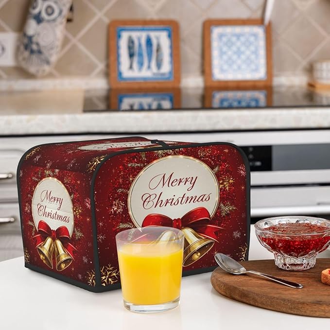 Toaster Cover 4 Slice Christmas Bells Red Xmas Kitchen Small Appliance Covers with Pockets Dust and Fingerprint Protection