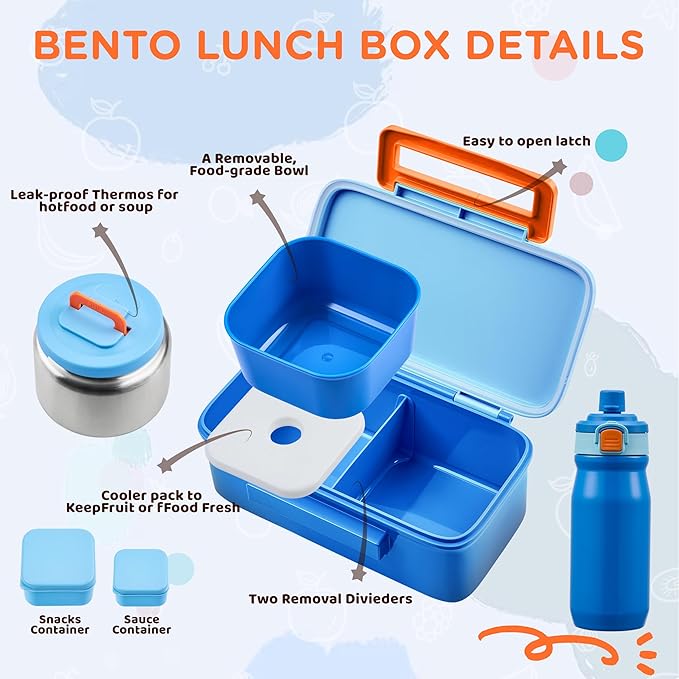 MAISON HUIS Bento Box for Kids with 8oz Soup Thermo, Insulated Lunch Bag & 17oz Water Bottle, 2-Compartment Bento Box with Built-In Ice Pack, Leak-Proof & BPA-Free (Blue)