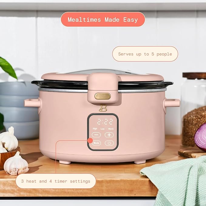 Beautiful 4-Qt Programmable Slow Cooker with Hinged Locking Lid & Touch Display – 3 Heat / 4 Timer Settings (Rose)