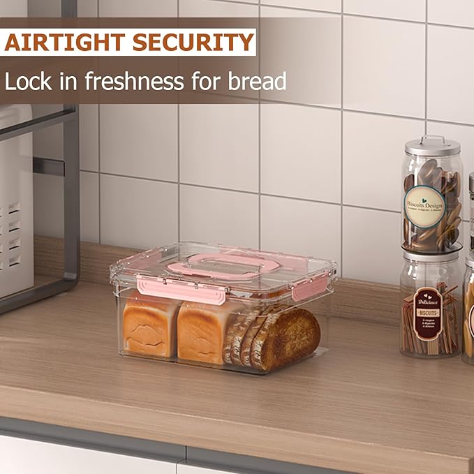 Bread Box with Slicer, Portable Airtight Bread Storage Container with Lid Handle for Kitchen Counter, Bread Keeper for Homemade Bread,Toast, Bagel, Cookies, Pink