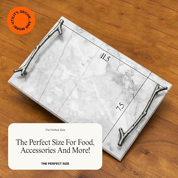 Serving Tray with Silver Handles – 12"x8" Marble Decorative Tray for Snacks, Drinks, Vanity, or Coffee Table Décor by Museo
